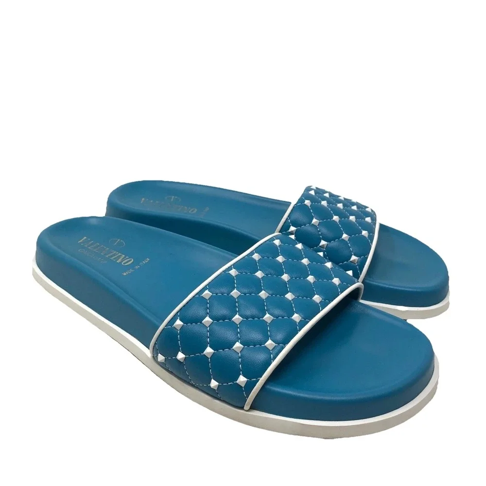 Valentino Garavani‎ Roman Stud Quilted Slide Womens 8.5 39 Blue Leather Resort
